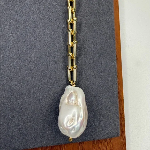 Vanessa Mooney Gold Bar Link Chain Baroque Pearl Lariat Necklace Statement - Picture 7 of 8